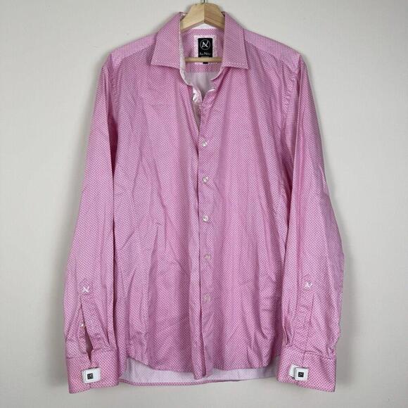 Au Noir Pink Dress Shirt Geometric Pattern French Cuffs Leather Cufflink Size 5 - Picture 2 of 12